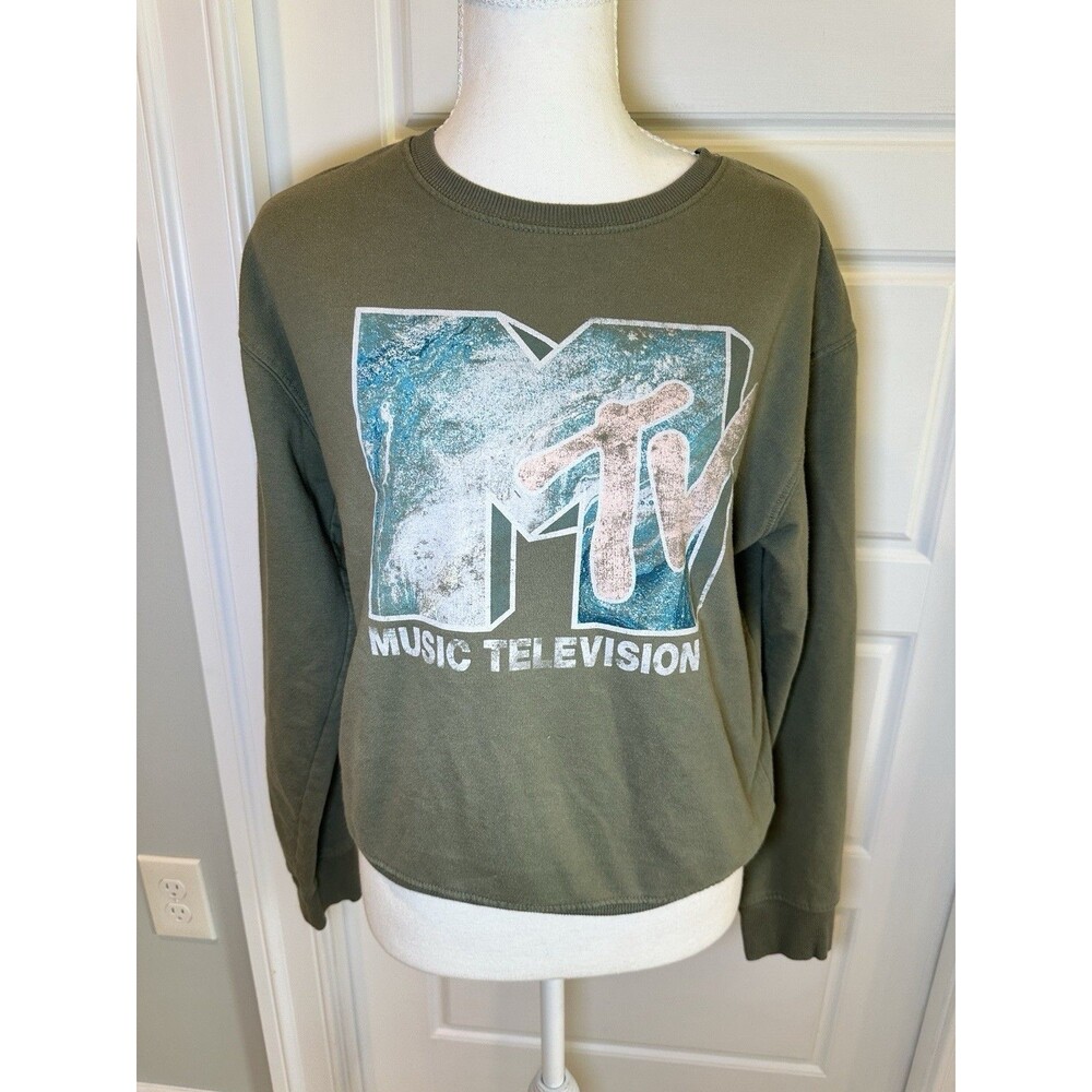 MTV Music Television Green Distressed Graphic Crewneck Sweatshirt Size Small Y2K